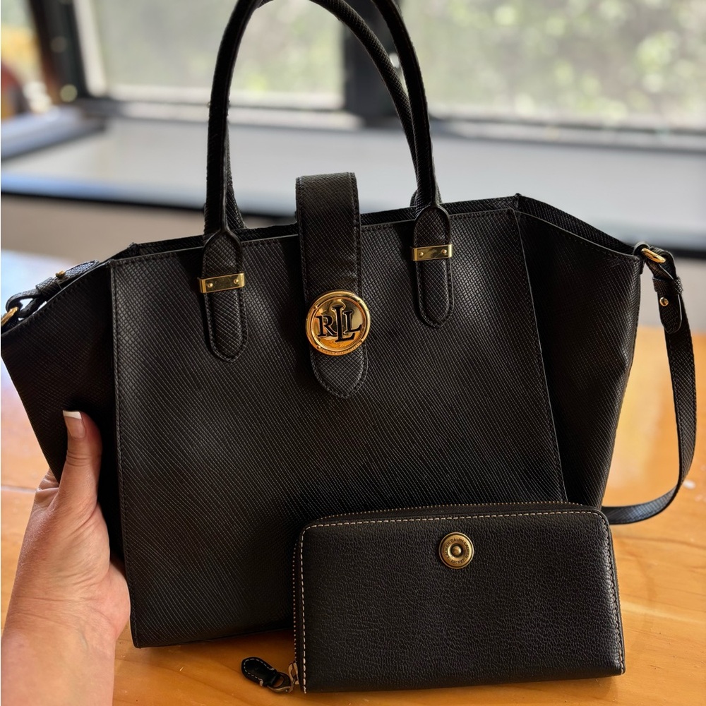 Ralph Lauren Black Satchel Bag with Gold Accents & Wallet Set